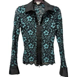 RARE Vintage Cache Lace Zip Blouse‎ Black & Teal Floral Mesh Glam Too Y2K Small